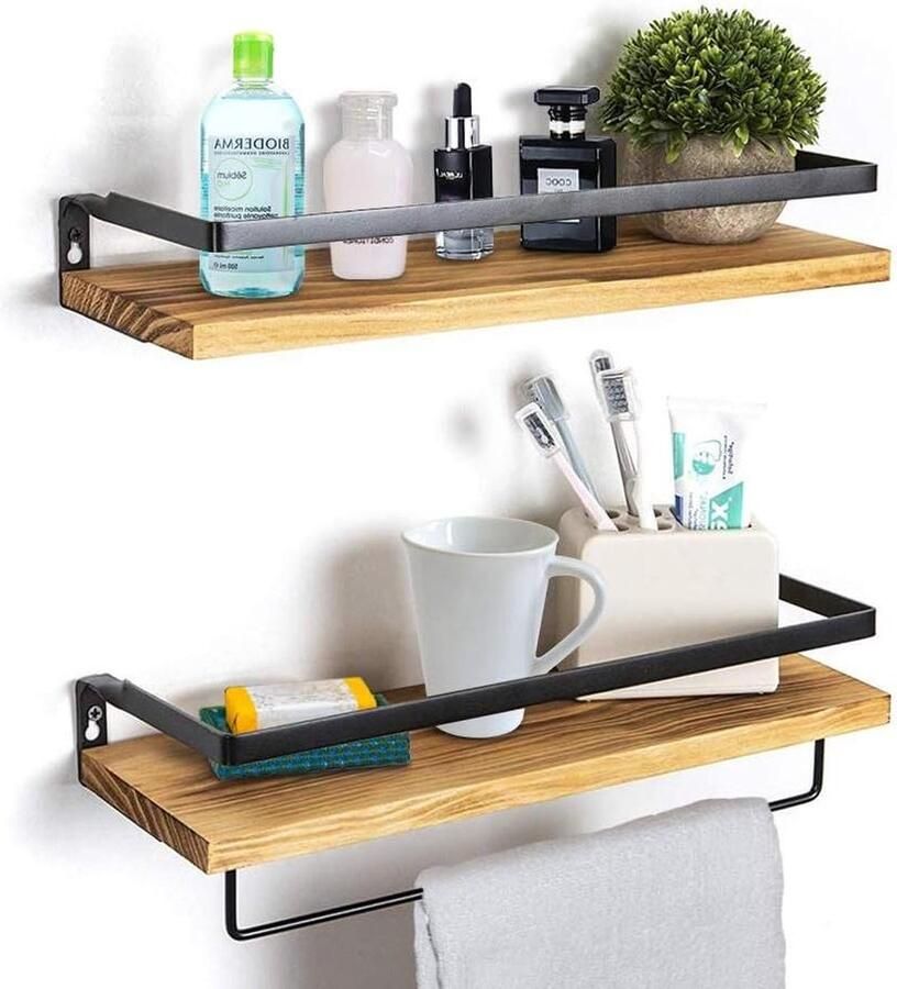 Rustieke houten wandplanken met handdoekenhouder Zwevende opbergplanken voor woonkamer set van 2 (verkoold bruin)