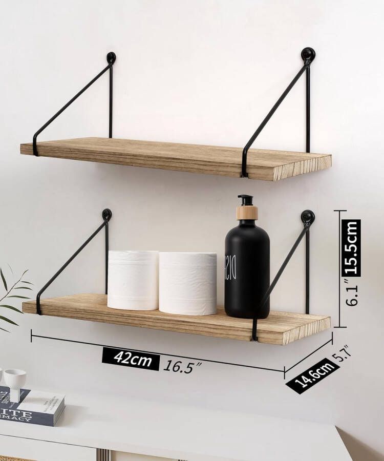 Rustieke zwevende planken van hout voor wandmontage met metalen beugels houten opbergplank voor badkamer keuken slaapkamer woonkamer kantoor decoratieve woonaccessoires set van 2