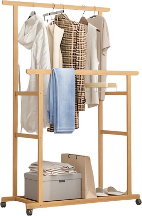 Rustive Bamboe Kledingrek Dubbele Hangende Rails Op Wielen Vrijstaand Met Opbergplanken Kapstokken kledinghangers