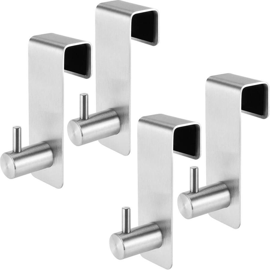 Nordivar RVS Deurhaken Set van 4 Stuks 2cm Kledinghaken Zonder Boren Deurkapstok Met Vilt Pads voor Achterkant Over de Deur Handdoekhaak Zilverkleurig