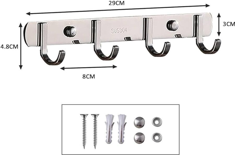 RVS Kapstok Wandmontage 4 Haken Zilver Roestvrij Staal