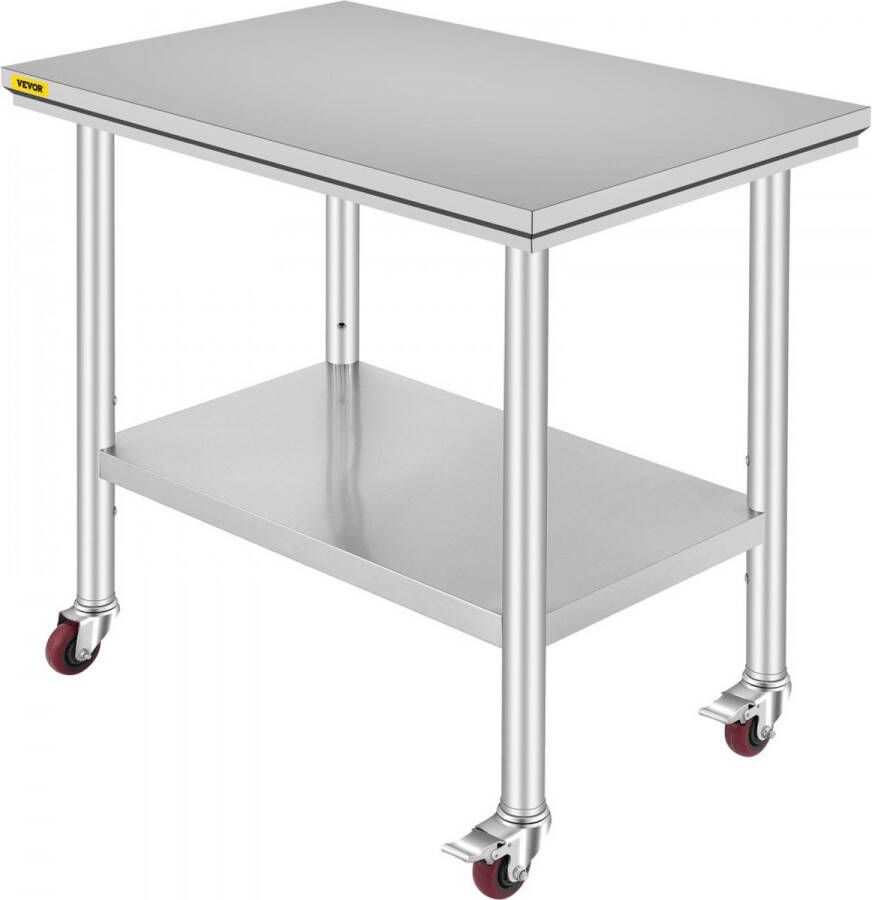 Rvs Tafel Keukentafel Commerciële Keuken Werktafel Prep Tafel met 4 Wielen Rvs 36x24 inch Zilver
