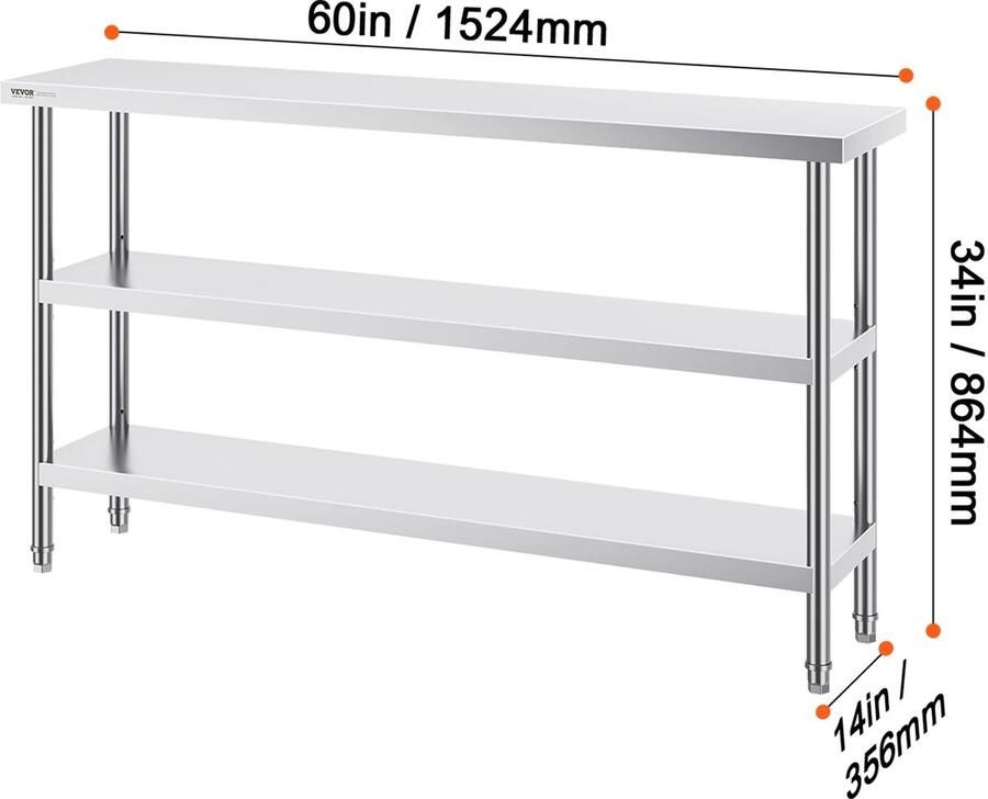 RVS Werktafel Keukeneiland Kookeiland Keukentafel RVS Werktafel met Verstelbare Bovenplank 14 x 60 in Roestvrijstalen Keukentafel met 2 Verstelbare Onderschappen