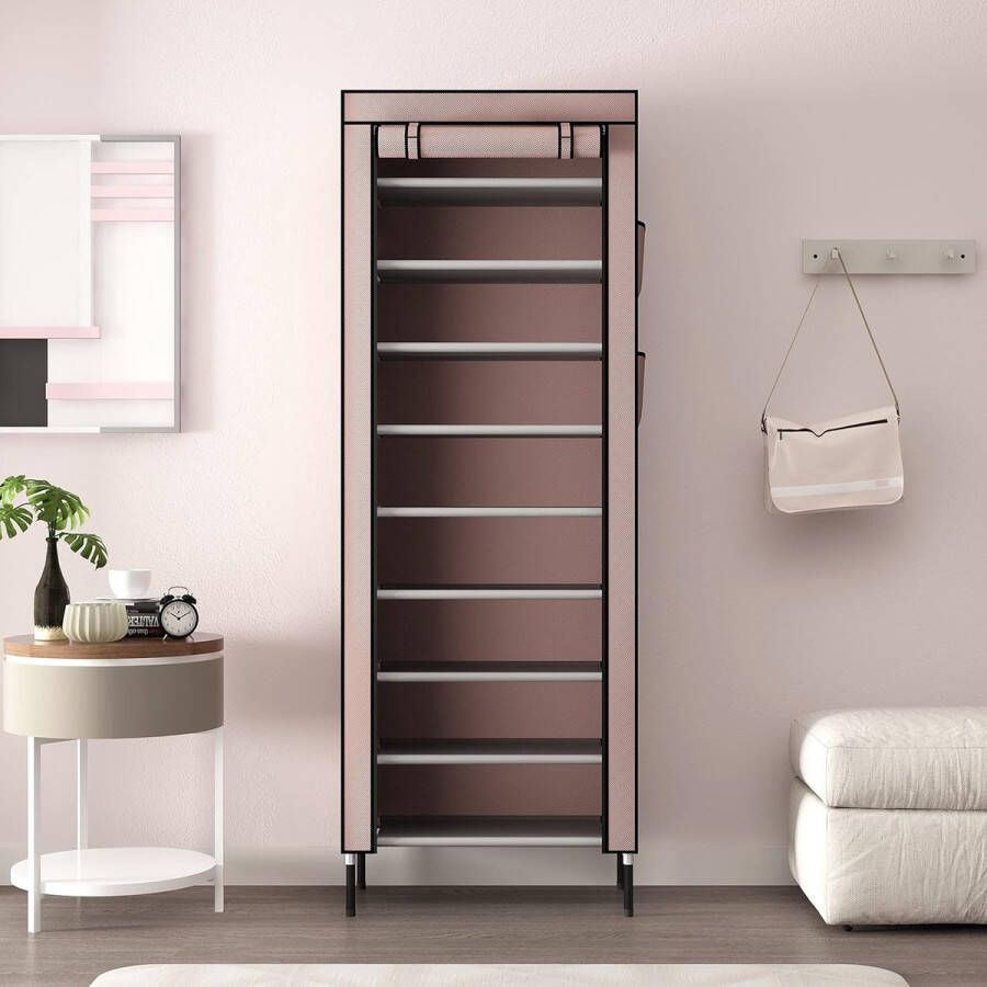 S-201 10 etages 16 mm extra dikke stangen stabiele schoenenkast organizer standaard 58 x 28 x 170 cm met extra dik Oxford-weefsel stofdichte afdekking houdt tot bruin