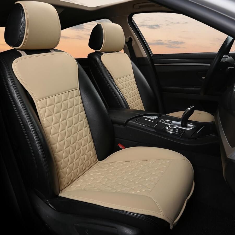 S&Dshopline 1 paar luxe PU-lederen stoelhoezen voor de auto compatibel met 95% auto's geen stoelverwarming geen warmte (sedan SUV Pickup Van) beige