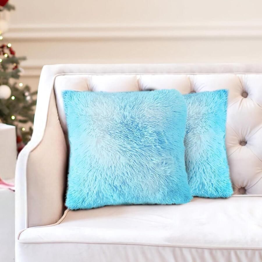 S&Dshopline 2 stuks kunstbont knuffelkussens kunstbont kussen pluche kussen kussenhoes met wollig voor bank stoel woonkamer (blauw 45 x 45 cm)
