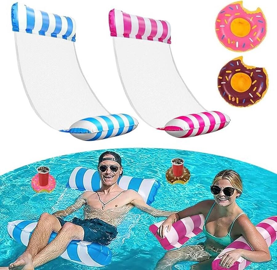 S&Dshopline 2 stuks luchtmatras zwembad met 2 opblaasbare bekerhouders luchtmatras water gezellige waterhangmat voor volwassenen en kinderen duurzaam luchtmatras met net gemakkelijk te dragen