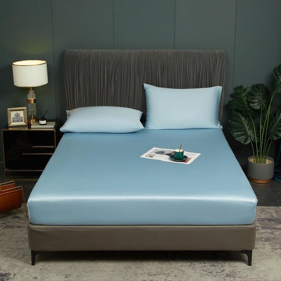 S&Dshopline Bamboe Lyocell Hoeslaken 180 x 200 cm lichtblauw voor boxspring badstof topper glanzend bamboevezel hoeslaken voor hoge matrassen tot 25-30 cm