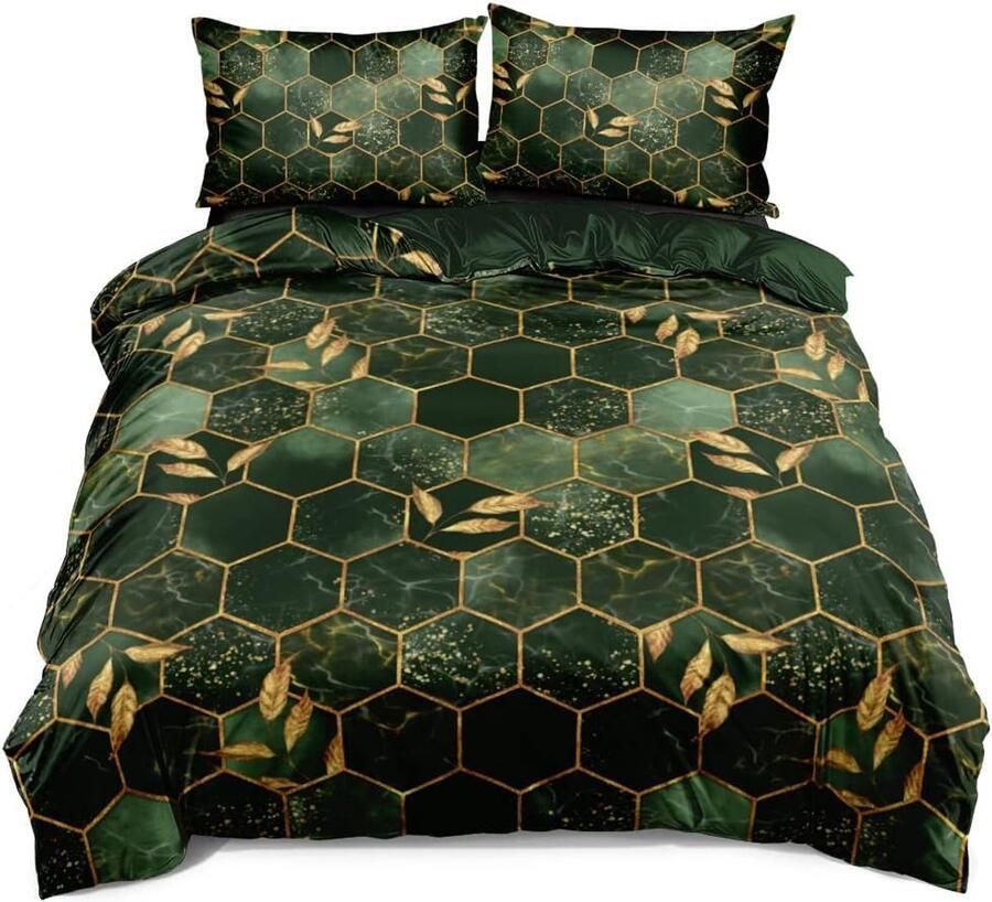 S&Dshopline Beddengoed 200 x 200 cm groen donkergroen goud geruit marmerpatroon 3D-effect motief geruit beddengoed set esthetische microvezel luxe modern bedrukt dekbedovertrek tweepersoonsbed set 200 met