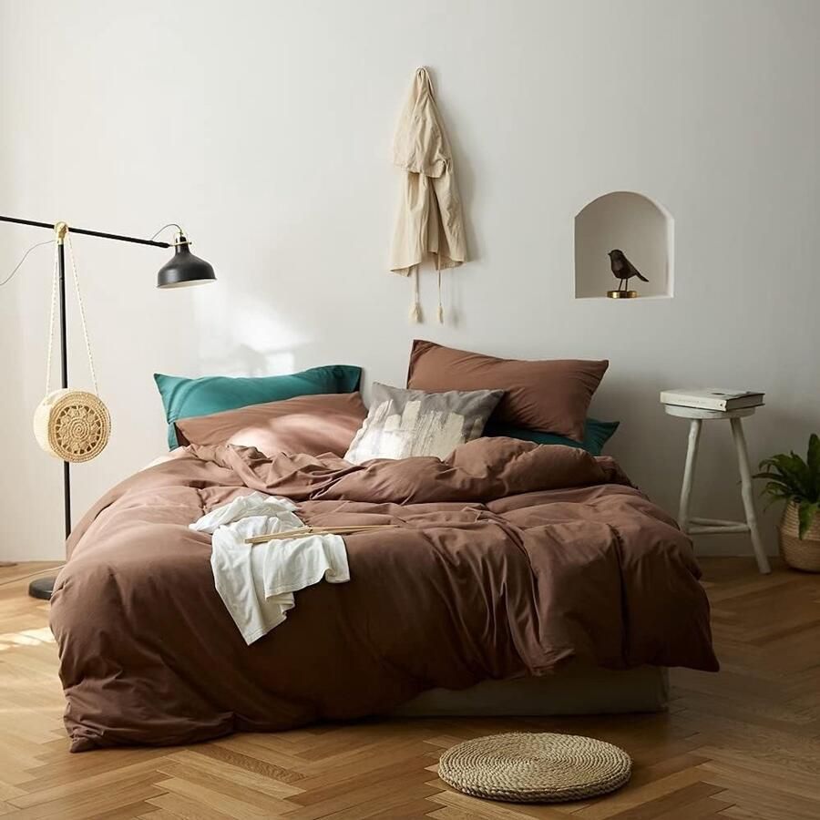 S&Dshopline Beddengoed 220 x 240 cm 3-delig koffiebruin microvezel beddengoedset effen kleuren tweepersoonsbed vintage dekbedovertrek met ritssluiting en 2 kussenslopen 80 x 80 cm