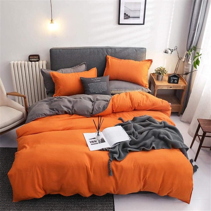 S&Dshopline Beddengoed 220 x 240 cm oranje-grijs antraciet microvezel omkeerbaar beddengoed set effen tweepersoonsbed dekbedovertrek met ritssluiting en 2 kussenslopen 80 x 80 cm