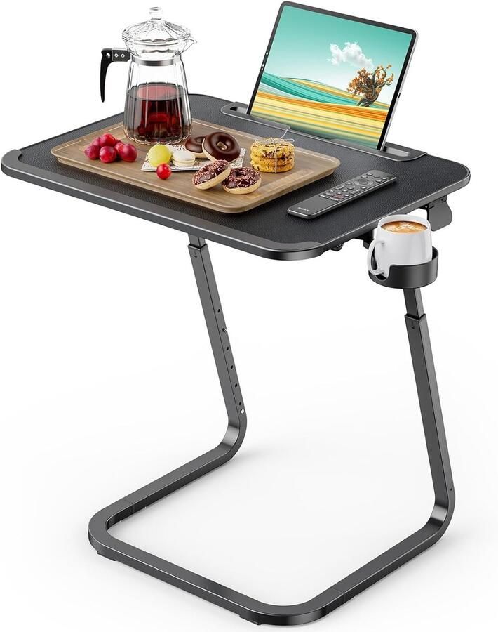 S&Dshopline Bijzettafel dubbel gebruik ontbijtdienblad laptoptafel stabielere U-vormige poten salontafel overbedtafel in hoogte verstelbaar met tabletsleuf bekerhouder 55 x 39 cm