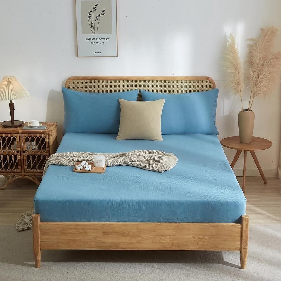 S&Dshopline Blauw katoen Muslin hoeslaken 180 x 200 cm petroleumblauw boxspringbed badstof topper zacht effen ademend voor hoge matrassen van 25-30 cm