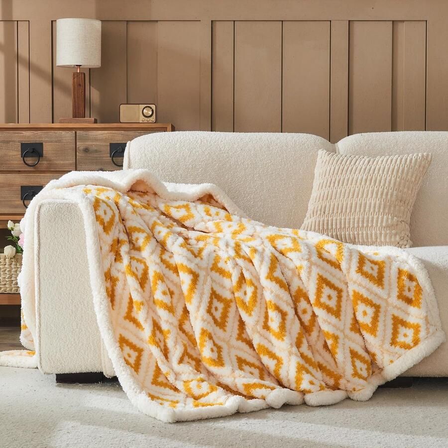 S&Dshopline Boheemse knuffeldeken Rhombus wollige fleecedeken winter warme pluche deken luxe imitatiebontdeken zachte deken voor bed en bank geel 153 x 203 cm