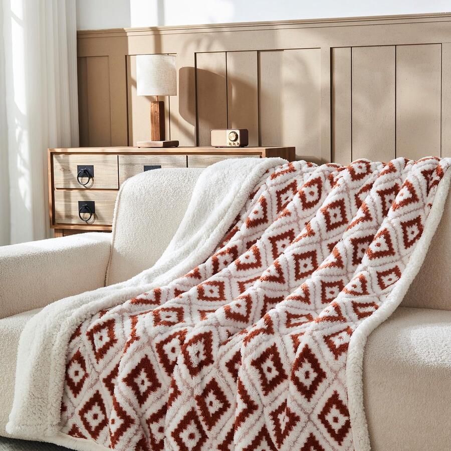 S&Dshopline Boheemse knuffeldeken Rhombus wollige fleecedeken winter warme pluche deken luxe imitatiebontdeken zachte deken voor bed en bank bruin 153 x 203 cm