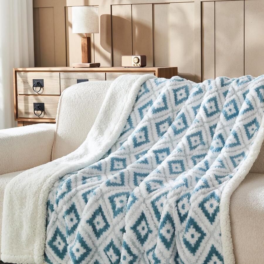 S&Dshopline Boheemse knuffeldeken Rhombus wollige fleecedeken winter warme pluche deken luxe imitatiebontdeken zachte deken voor bed en bank blauw 153 x 203 cm
