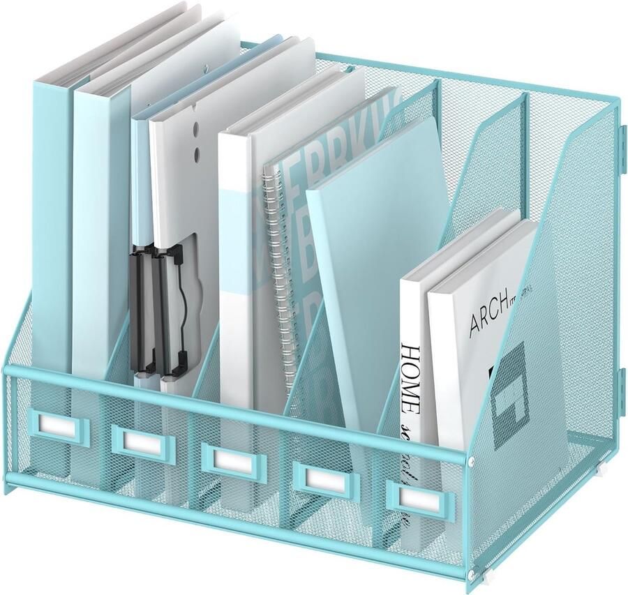 S&Dshopline Bureau-organizer van metaal tijdschriftenhouder met 5 verticale vakken organizer voor kantoor bureau thuiswerkplek blauw
