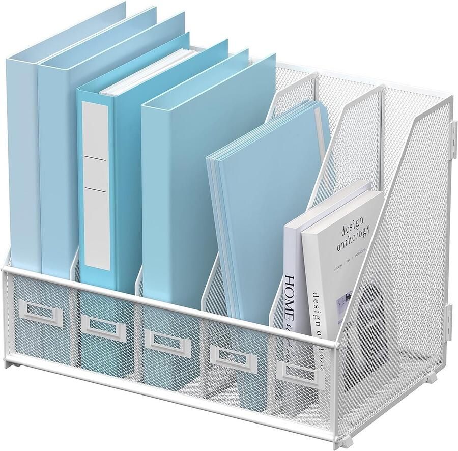 S&Dshopline Bureau-organizer van metaal tijdschriftenhouder met 5 verticale vakken organizer voor kantoor bureau thuiswerkplek wit