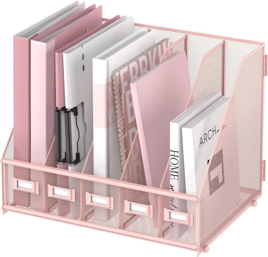 S&Dshopline Bureau-organizer van metaal tijdschriftenhouder met 5 verticale vakken organizer voor kantoor bureau thuiswerkplek roze