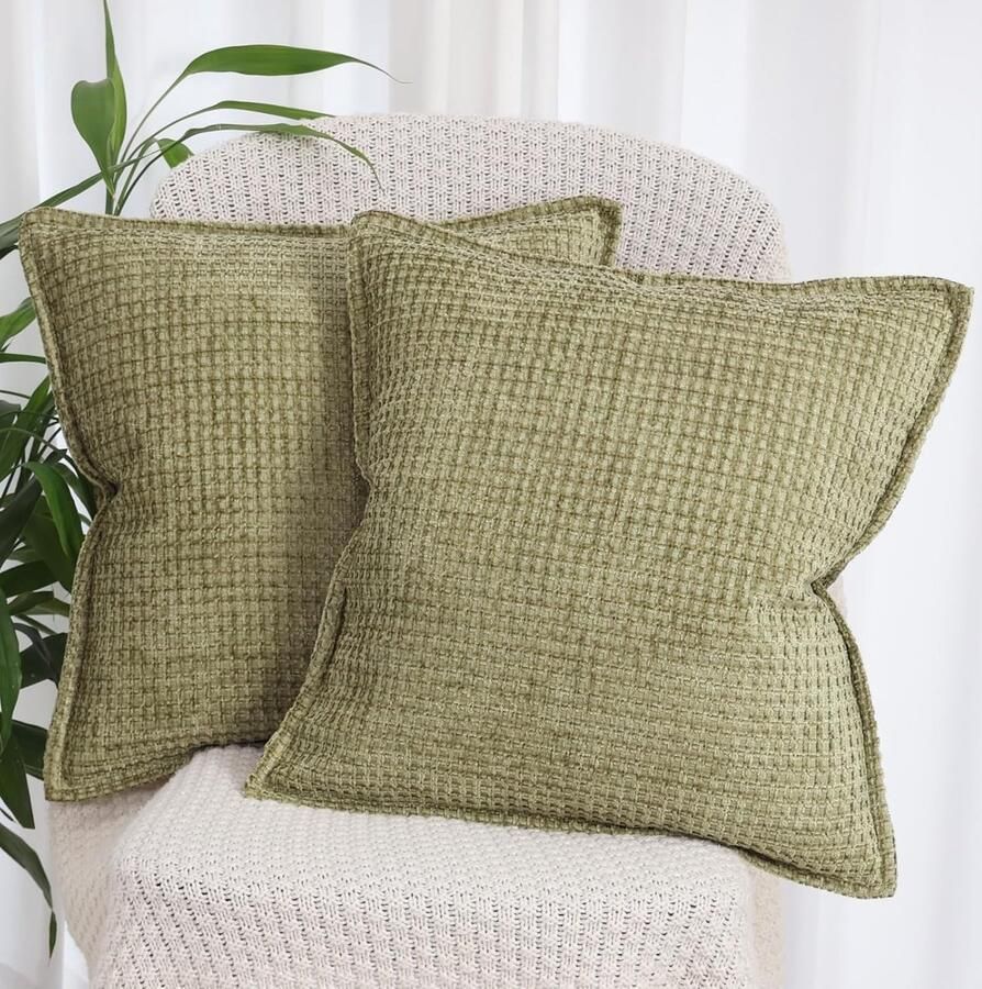 S&Dshopline Chenille Kussenhoezen 2 stuks 50 x 50 cm groen moderne luxe kussenhoezen decoratief vierkant sofakussen set van 2 zachte sierkussens met rand voor woonkamer bank