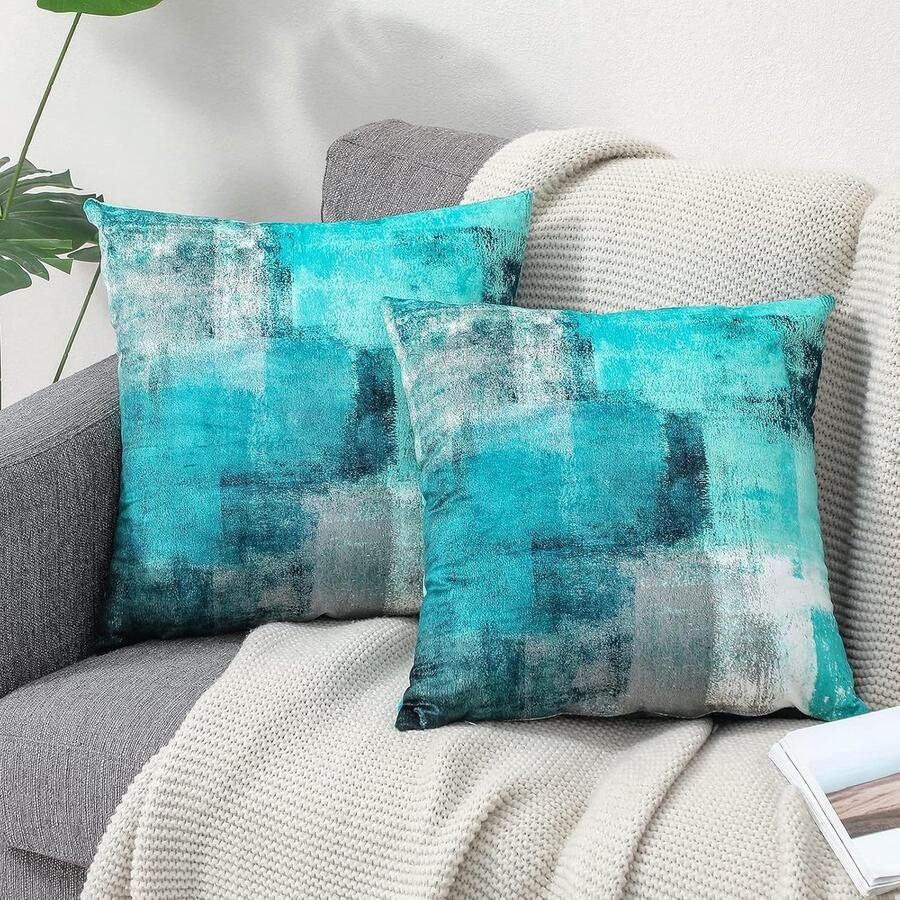 S&Dshopline Decoratieve kussensloop 45 x 45 cm set van 2 fluwelen kussenslopen turquoise bank landhuisstijl esthetisch sierkussen vierkant bankkussen outdoor kussen sierkussen