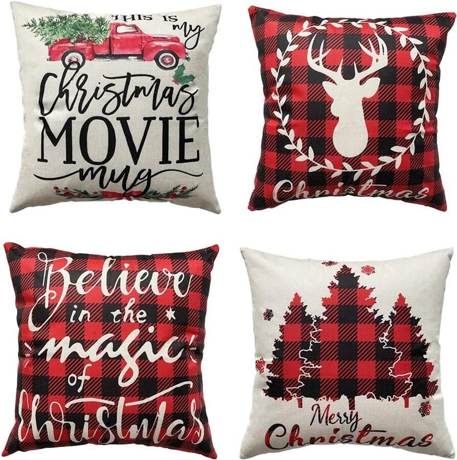 S&Dshopline Decoratieve kussensloop 45 x 45 cm set van 4 kussenslopen Kerstmis linnen voor tuinlounge bank sierkussen knuffelkussen woonkamer tuin outdoor bankkussen sierkussen