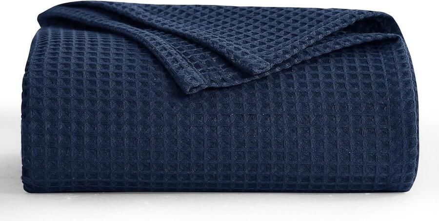 S&Dshopline Dunne deken zomer blauw wafelpiqué zomerdeken lichte deken 150 x 200 cm XL als bankdeken zacht behaaglijke woondeken woonkamer bank pluizige deken sprei marineblauw