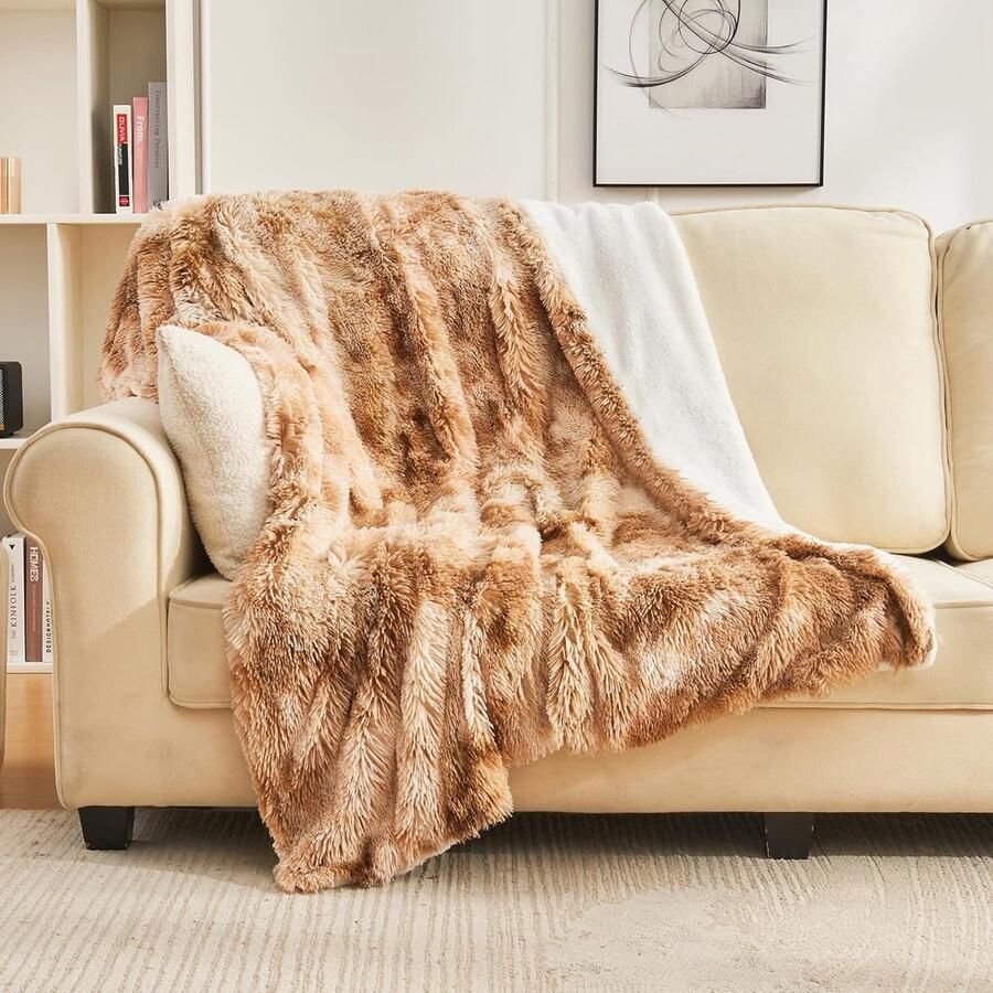 S&Dshopline Faux Knuffeldeken wollig bontdeken woondeken superzacht pluche dik shaggy deken voor lang haar warm gezellig voor bank en bed (tie-dye bruin 130 x 150 cm)