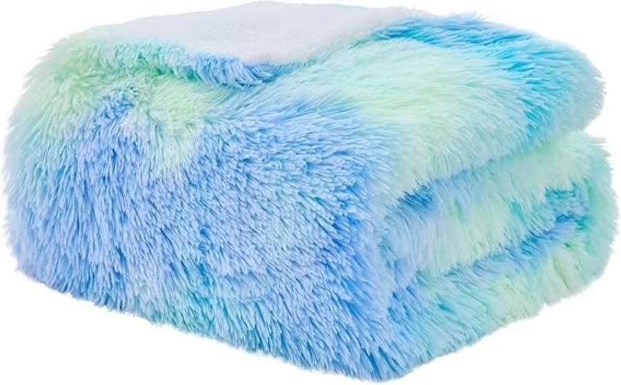 S&Dshopline Faux Knuffeldeken wollig bontdeken woondeken superzacht pluche dik shaggy deken voor lang haar warme deken voor bank en bed (tie-dye blauwgroen 130 x 150 cm)
