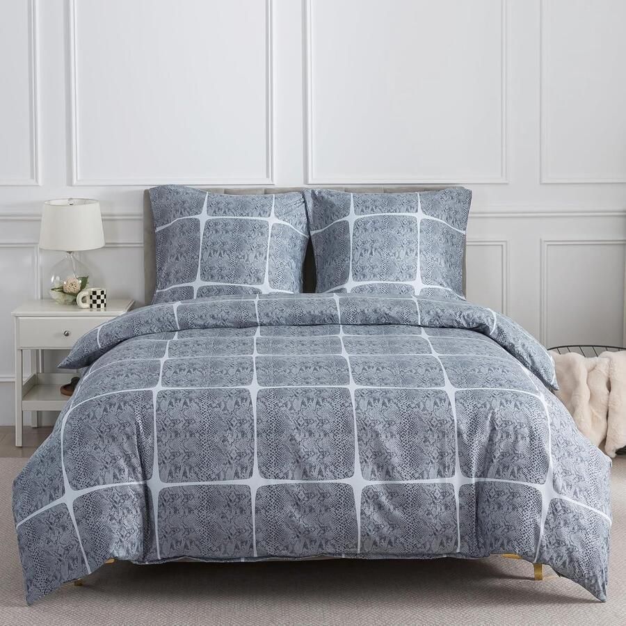 S&Dshopline Grijs beddengoed 200 x 200 cm 3-delig geruit dekbedovertrek 200 x 200 cm en 2 kussenslopen van 80 x 80 cm met ritssluiting abstract geometrisch patroon voor tweepersoonsbed