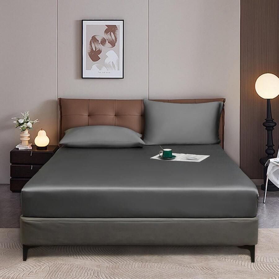 S&Dshopline Hoeslaken 140 x 200 cm grijs-antraciet boxspringbed badstof glanzend zomer koelend bamboe microvezel effen hoeslakens voor hoge matrassen van 25-30 cm