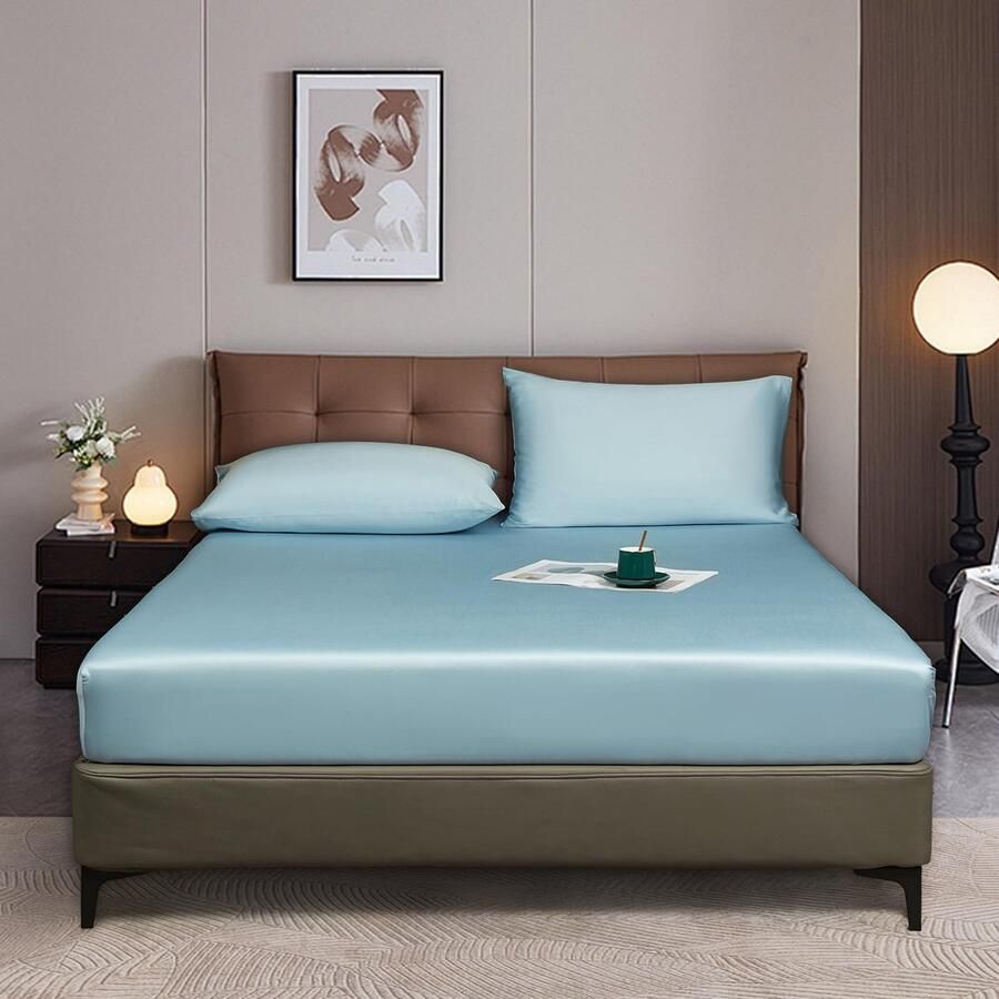 S&Dshopline Hoeslaken 140 x 200 cm lichtblauw voor boxspring badstof glanzend zomer koelend bamboe microvezel effen hoeslakens voor hoge matrassen van 25-30 cm