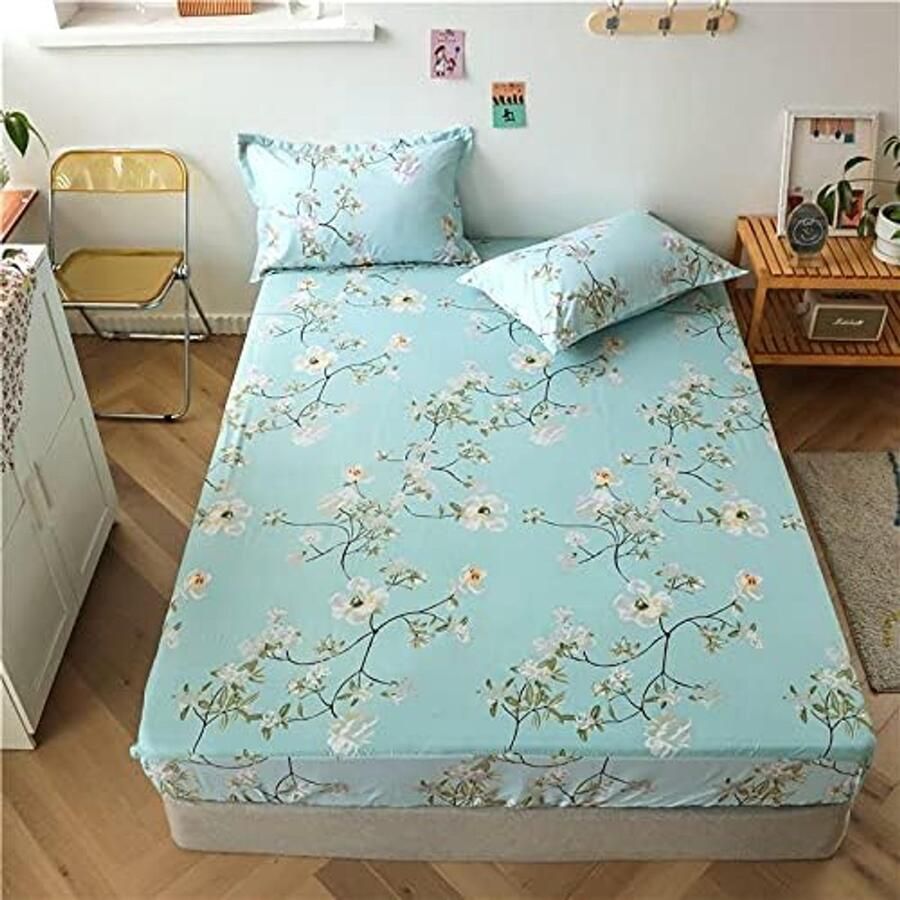 S&Dshopline Hoeslaken 160 x 200 cm groen wit bloemen hoeslaken microvezel bedlaken voor matrassen tot 25 cm