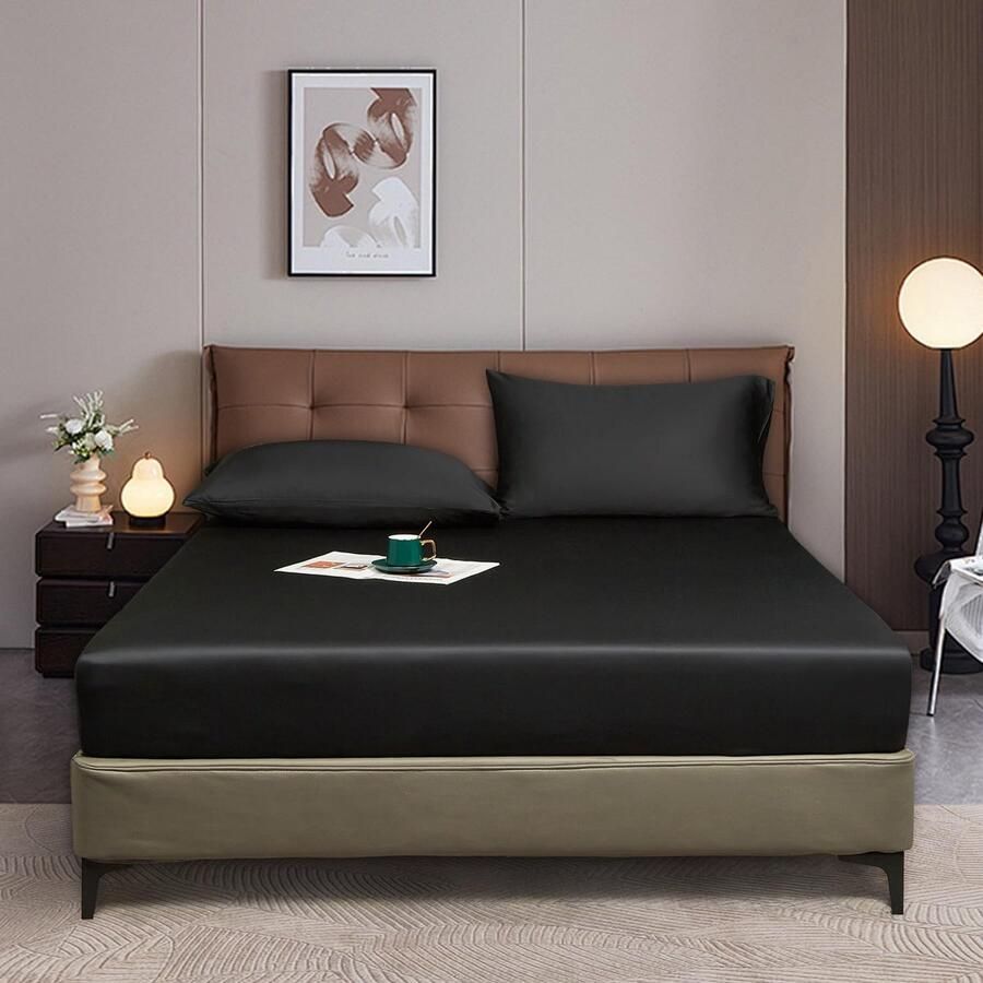 S&Dshopline Hoeslaken 160 x 200 cm zwart boxspringbed badstof glanzend zomer verkoelend bamboe microvezel effen hoeslakens voor hoge matrassen van 25-30 cm