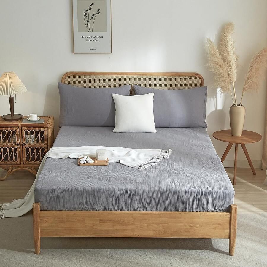 S&Dshopline Hoeslaken 180 x 200 cm katoen muslin-grijs boxspringbed badstof topper zacht effen ademend voor hoge matrassen van 25-30 cm