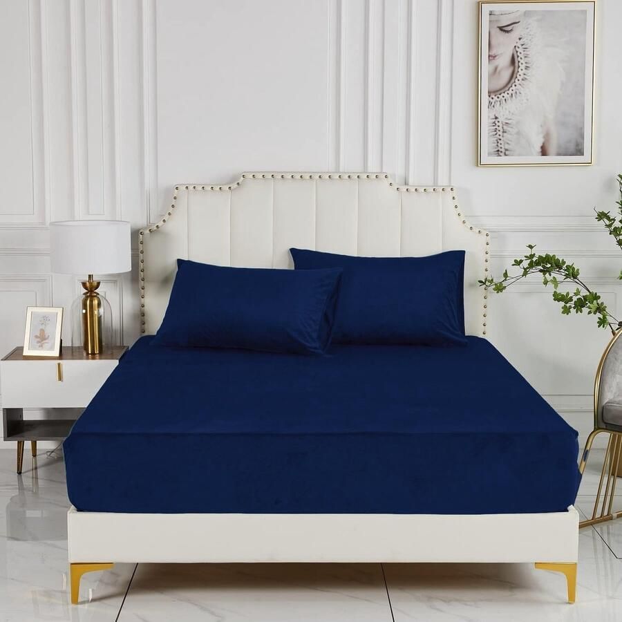 S&Dshopline Hoeslaken 180 x 200 cm voor boxspring fluweel blauw donkerblauw warm behaaglijk badstof effen patroon voor hoge matras matrashoogte 25-30 cm