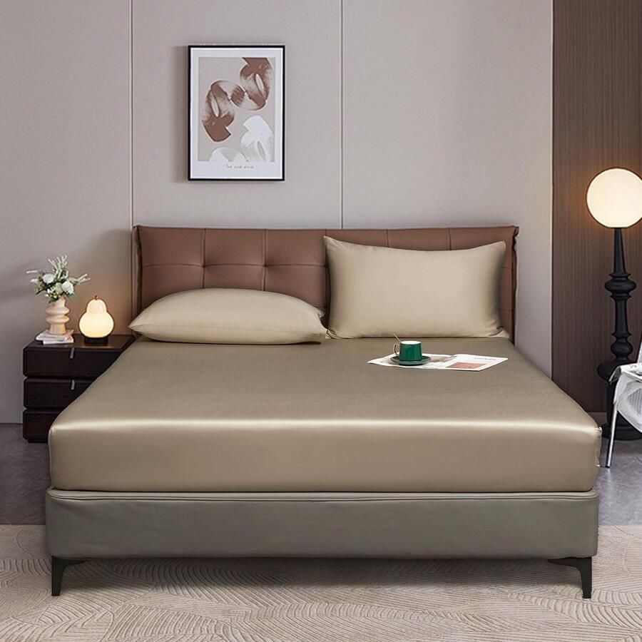 S&Dshopline Hoeslaken 160 x 200 cm goud kaki boxspringbed badstof glanzend zomer koelend bamboe microvezel effen hoeslakens voor hoge matrassen van 25-30 cm