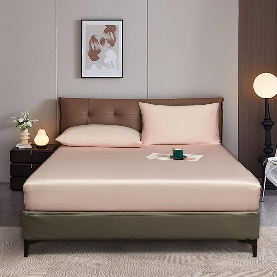 S&Dshopline Hoeslaken 200 x 200 cm lichtroze boxspring badstof glanzend zomer koelend bamboe microvezel effen hoeslakens voor hoge matrassen van 25-30 cm