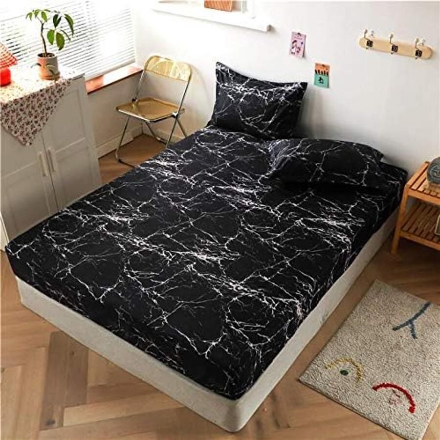 S&Dshopline Hoeslaken 200 x 200 cm zwart-wit marmer-look hoeslaken microvezel bedlaken voor matrassen tot 25 cm