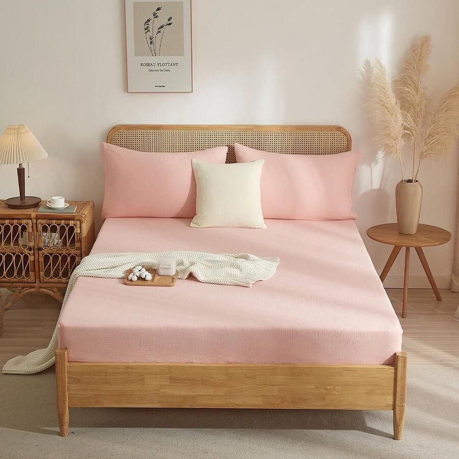 S&Dshopline Katoen Muslin Hoeslaken 180 x 200 cm roze-roze voor boxspringbed badstof topper zacht effen ademend voor hoge matrassen van 25-30 cm