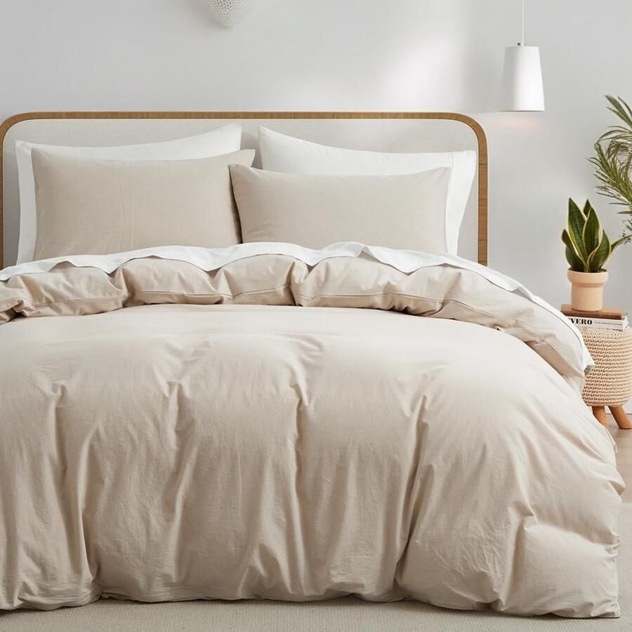 S&Dshopline Katoenen beddengoed 200 x 200 cm beige crème taupe effen esthetisch tweepersoonsbed zacht renforcé katoenen beddengoed dekbedovertrek 200 x 200 cm en 2 kussenslopen van 80 x 80