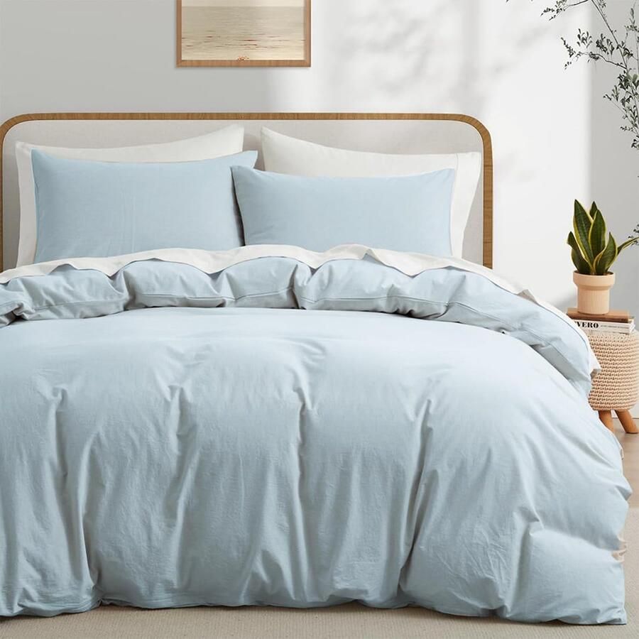 S&Dshopline Katoenen beddengoed 200 x 200 cm blauw lichtblauw effen tweepersoonsbed zacht renforcé katoenen beddengoed dekbedovertrek 200 x 200 cm en 2 kussenslopen 80 x 80 cm met ritssluiting