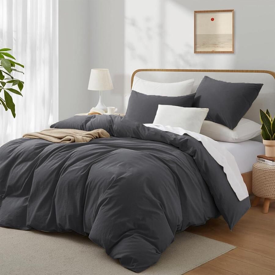 S&Dshopline Katoenen beddengoed 200 x 200 cm grijs antraciet effen esthetisch tweepersoonsbed zacht renforcé katoenen beddengoed dekbedovertrek 200 x 200 cm en 2 kussenslopen 80 x 80 cm met