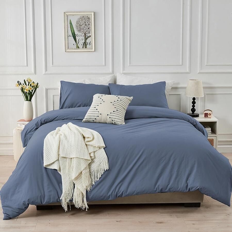 S&Dshopline Katoenen beddengoed blauw 200 x 200 cm effen patroon renforcé katoenen beddengoed premium modern effen zachte dekbedovertrekken tweepersoonsbed 200-200 en kussenslopen 80 x 80 cm