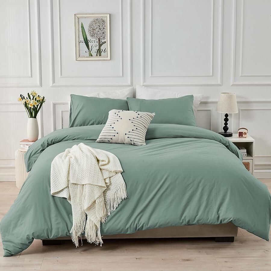 S&Dshopline Katoenen beddengoed saliegroen 220 x 240 cm effen patroon renforcé katoenen beddengoed premium effen modern zachte dekbedovertrekken tweepersoonsbed en kussenslopen 80 x 80 cm met