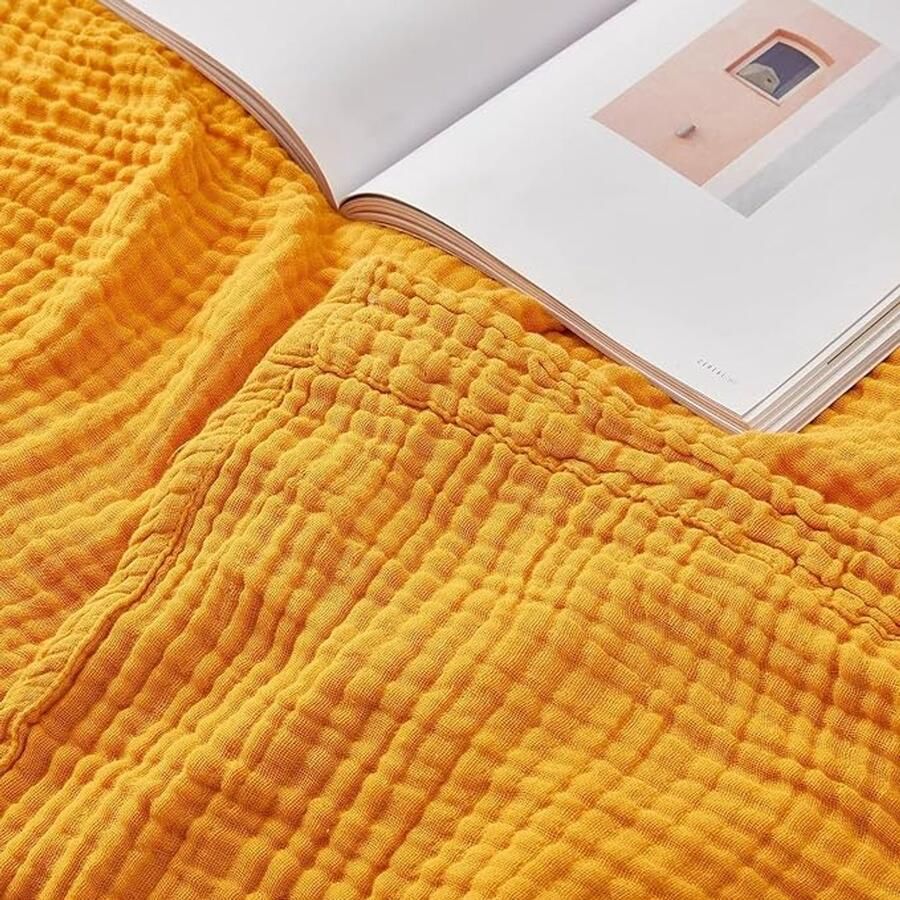 S&Dshopline Katoenen sprei 100% mousseline zachte deken voor bank ademend gaasdeken alle seizoenen zachte en lichte voorgewassen katoenen deken (mosterdgeel 140 x 190 cm)
