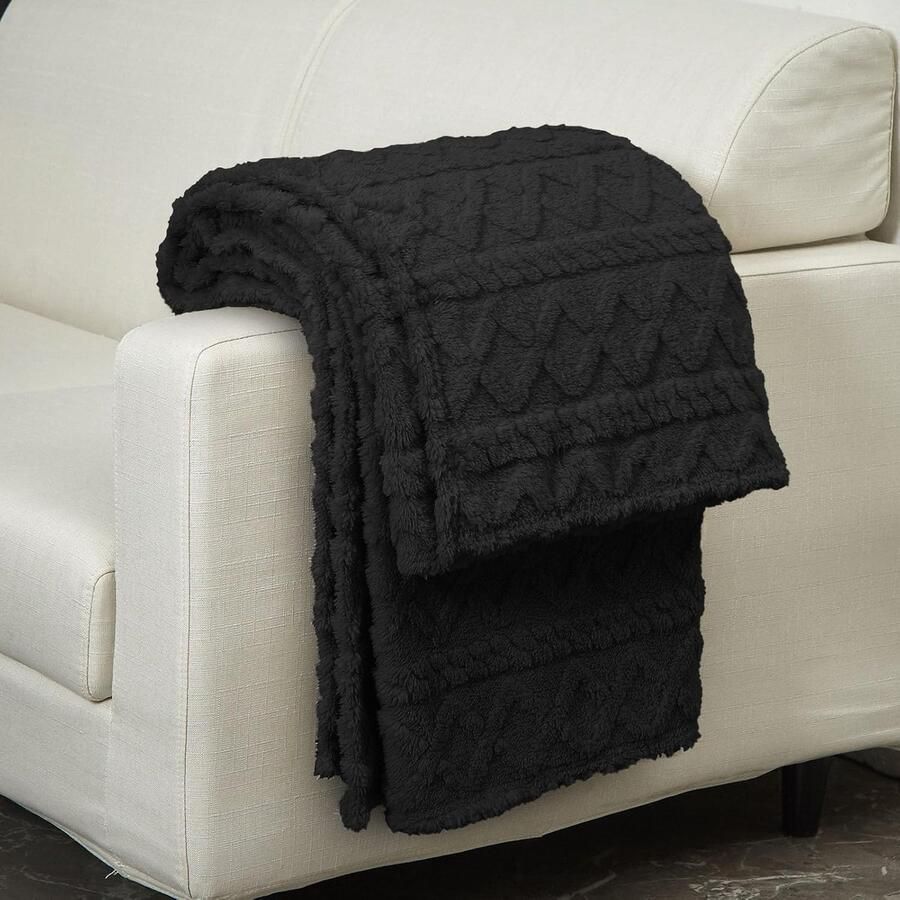 S&Dshopline Knuffeldeken 150 x 200 cm woondeken wollig lamsdeken ruitpatroon fleecedeken zachte wollen deken warme bankdeken voor bed bank deken zwart