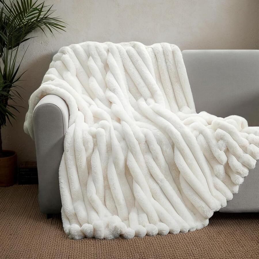 S&Dshopline Knuffeldeken konijnendeken pluche wollige deken super zachte woondeken dik flanel bubbelbankdeken warme sprei bankdeken veelzijdige deken voor bed bank wit 100 x 160 cm