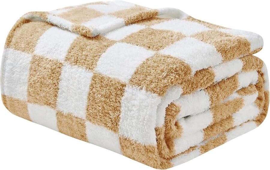 S&Dshopline Knuffeldeken pluizige deken geruite deken 150 x 200 cm geweven bankdeken zachte warme wollen deken en fleecedeken sprei knuffeldeken voor bank beige