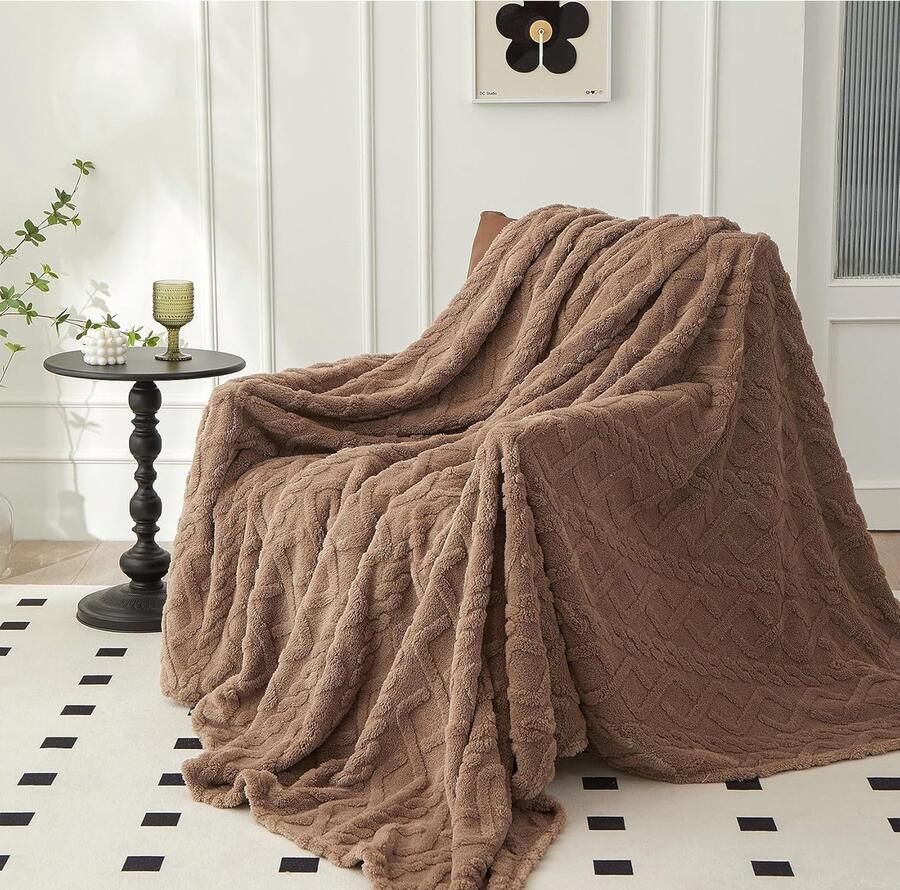 S&Dshopline Knuffeldeken pluizige deken synthetisch 200 x 230 cm Schots patroon bruin dubbele deken voor bank en bank